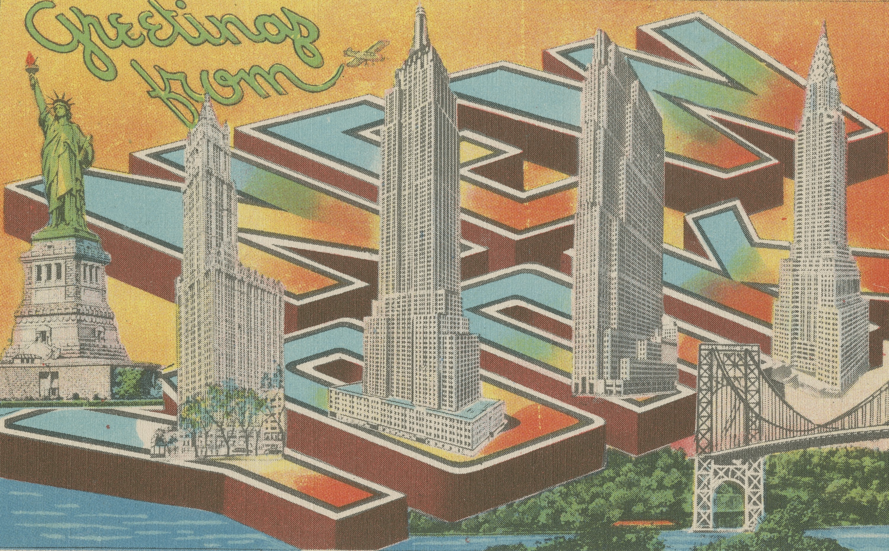 Iconic buildings of New York with text that reads "Greetings from New York"